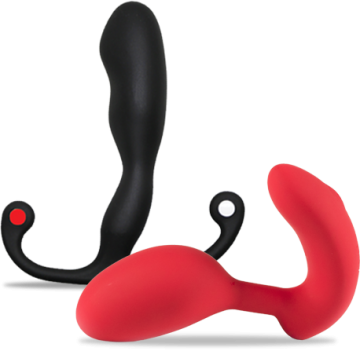 front view of black aneros trident and side view of red vivi